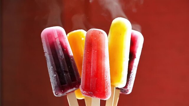 Variety of colorful fruit popsicles with cold steam on wooden sticks representing refreshing summer treats