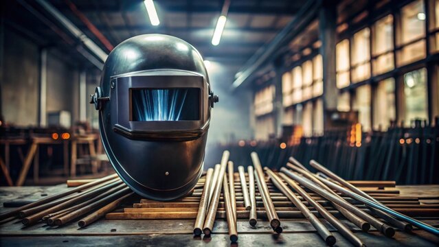 Welding Helmet and Steel Rods in an Industrial Setting
