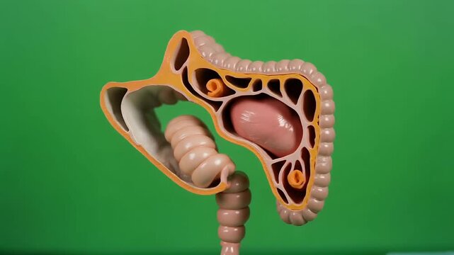 Slow pan of human digestive system anatomy model on green background.