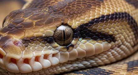 Fototapeta premium Ball python (Python regius), macro detail of head with eye and heat-sensing pits, exotic snake