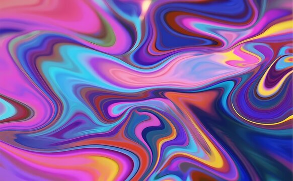 Seamless psychedelic art illustration featuring an abstract colorful background with swirling waves and vibrant vector line patterns in purple, yellow, and blue for a decorative textile wallpaper
