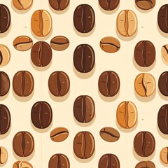 Obraz premium Seamless pattern of roasted coffee beans in varying shades of brown scattered on a light background, perfect for a beverage or food theme.