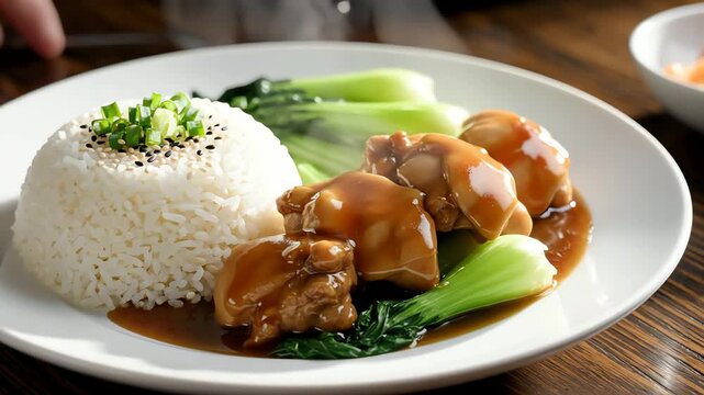 Gourmet dish presentation rice chicken bok choy and sauce on a white plate