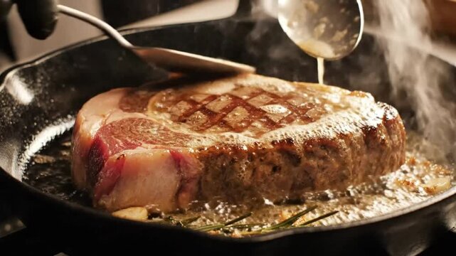 Chef basting a juicy ribeye steak with hot butter in a cast iron skillet for a perfect sear