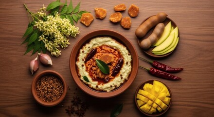 Fototapeta premium Traditional Ugadi Festival Food with Neem Flowers Mango and Jaggery Flat Lay