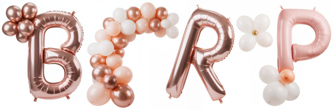 Rose gold and white balloons spelling brp on white background