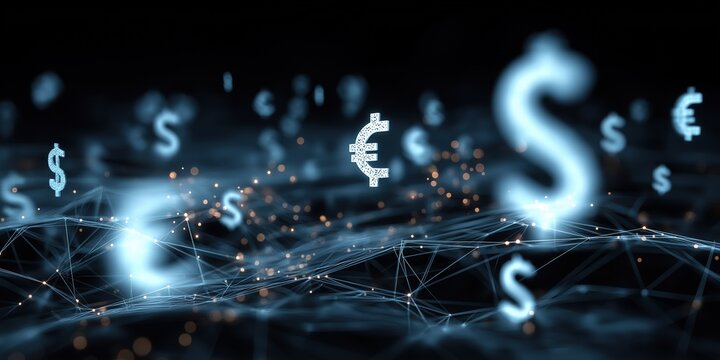 Global currency exchange and financial network concept with floating glowing dollar and euro symbols over a digital data landscape representing international banking and fintech markets