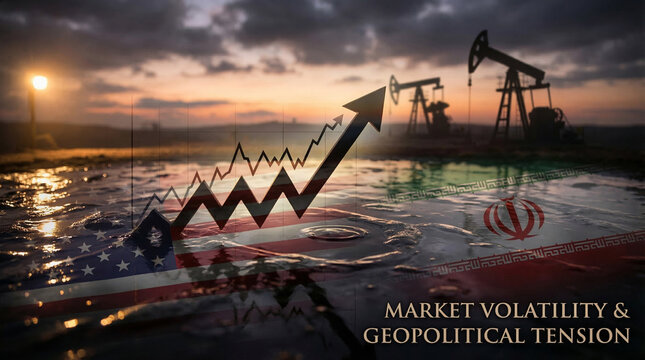 Oil drilling rigs silhouetted against sunset with financial graph and flags of US and Iran overlay representing market volatility and geopolitical tension. concept oil politics, economic sanctions