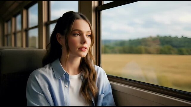 Cinematic travel shot of a young woman sitting beside a train window. Soft daylight illuminates her face while countryside scenery passes outside with gentle reflections on the glass.