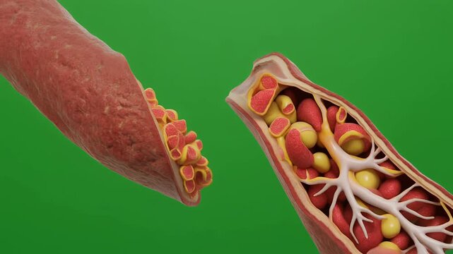 Three dimensional animation of artery plaque buildup with blood cells and vascular blockage.