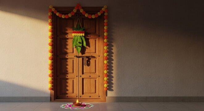 Traditional Wooden Door Decorated with Mango Leaves for Indian Festival