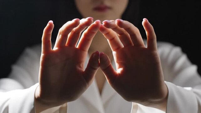 Woman forming triangle shape with fingers in dark room.