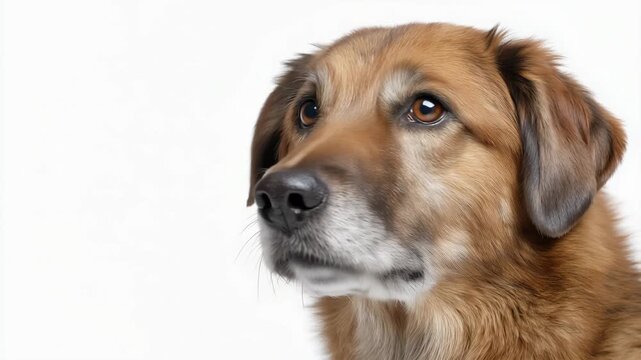 Gentle expression of a fluffy mixed-breed dog with brown eyes on white background
