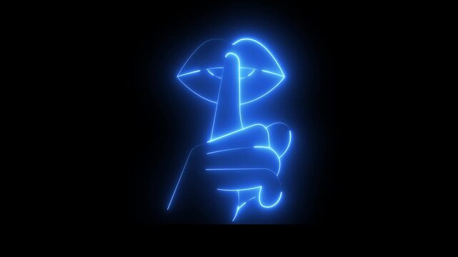 Glowing neon please quiet icon isolated on black background. fingers over lips icon. Quiet sign, silent mode, silence, no loud sound, Silence Concept. HD video motion graphic animation .
