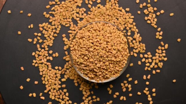 Top View of Methi Seeds (Fenugreek) in White Bowl on Black Background &ndash; Rotating Footage