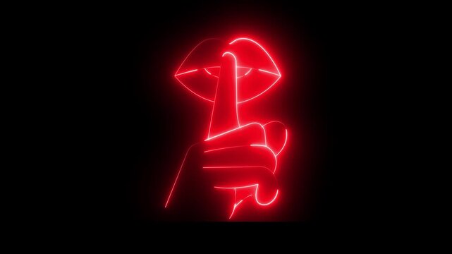 Glowing neon please quiet icon isolated on black background. fingers over lips icon. Quiet sign, silent mode, silence, no loud sound, Silence Concept. HD video motion graphic animation .