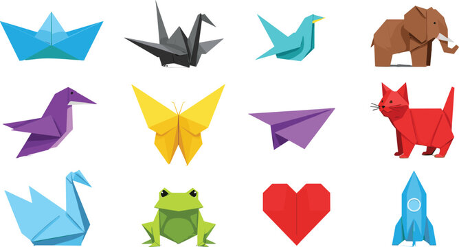 Origami Animal Vector Illustration Set with Paper-Folded Birds, Animals, and Objects for Craft, Art, and DIY-Themed Designs