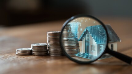 Fototapeta premium Financial Growth and Home Ownership Analysis with Magnifying Glass Looking at a Glowing House Blueprint Behind Growing Stacks of Gold Coins for Real Estate Planning and Asset Valuation