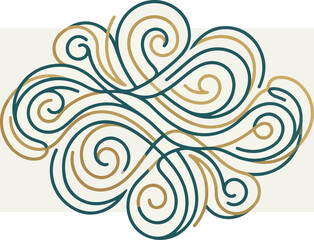 Fototapeta premium Elegant swirling lines design in teal and gold colors on a light background.