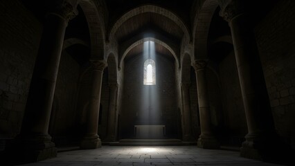 Obraz premium A beam of heavenly light shining onto an altar inside a dark stone chapel.