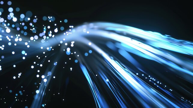 Glowing fiber-optic data flow and AI networks connecting digital systems, showcasing bright luminous light streams, advanced technology, 