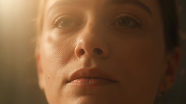 ?Tranquil awakening: woman gently opens eyes in soft light