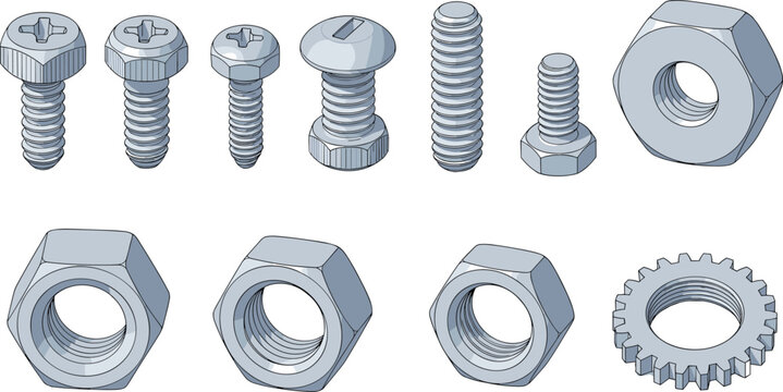 Screws, Bolts, and Nuts Vector Illustration Set Featuring Various Fasteners for Industrial, Mechanical, and Hardware-Themed Designs