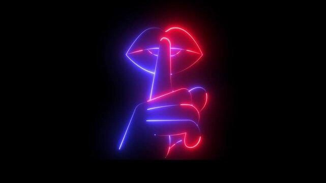 Glowing neon please quiet icon isolated on black background. fingers over lips icon. Quiet sign, silent mode, silence, no loud sound, Silence Concept. HD video motion graphic animation .