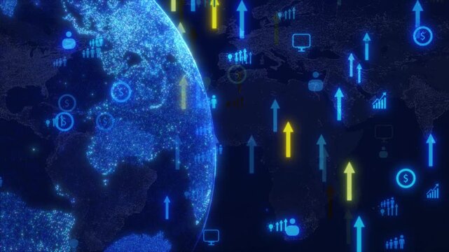 Futuristic digital globe with rising financial data icons and growth arrows against a dark world map background. Glowing blue and yellow symbols representing global economy, innovation, and social