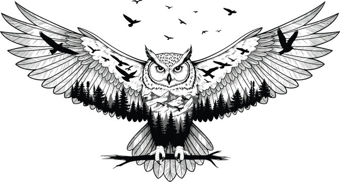 Majestic owl with spread wings and forest landscape illustration, detailed black and white wildlife artwork with flying birds for nature, tattoo and vintage designMajestic owl with spread wings and fo