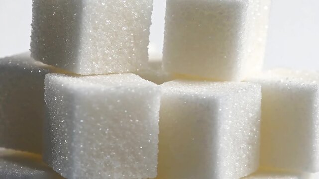 Close up of white sugar cubes stack in bright white colors representing sweet food additive and ingredient for tea and coffee preparation