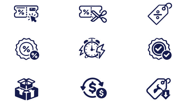 Nine icons related to business discounts and sales