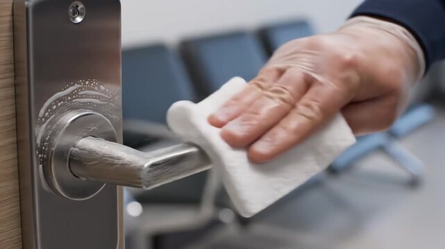 A close-up view captures a focused individual cleaning a door handle with a fabric cloth, emphasizing the vital routine of sanitizing surfaces in a stylish waiting room filled with contemporary seats.