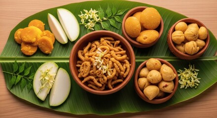 Fototapeta premium Ugadi Festival Snacks and Fruits Served on Banana Leaf