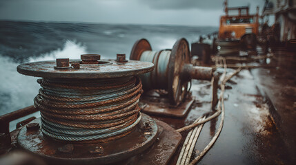 Fototapeta premium Industrial maritime equipment on fishing trawler during stormy sea