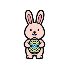 Obraz premium A simple cartoon bunny holding a decorated Easter egg