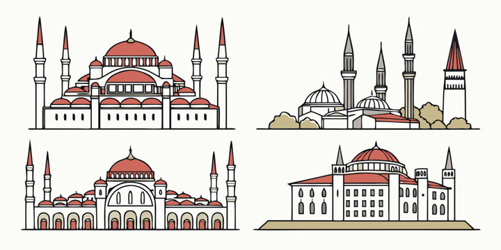 Four distinct architectural buildings showcasing unique designs and cultural influences