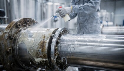 Naklejka premium Medium shot of industrial enzyme detergent being applied in a factory setting showcasing powerful lowtemperature cleaning that safely dissolves industrial residues and dirt.