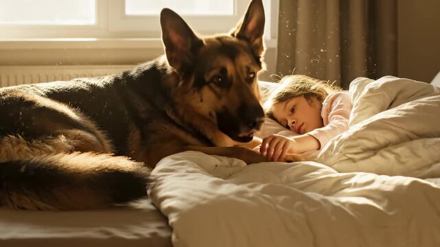 Soft sunlight streams through a window, illuminating a cozy bedroom where a devoted dog rests protectively beside a peacefully sleeping child, embodying warmth and connection.