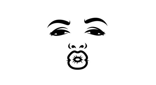 Black and White Kissing Face Emoji Icon, Marilyn Monroe Style Lips and Eyes