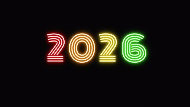 A high-quality 4K loopable motion graphic of a Retro style neon sign featuring the word "2026". This vibrant light effect is perfect for retro bar decor.