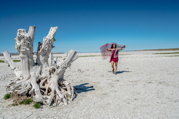 Fototapeta premium A woman is walking in a desert with a white tree in the background