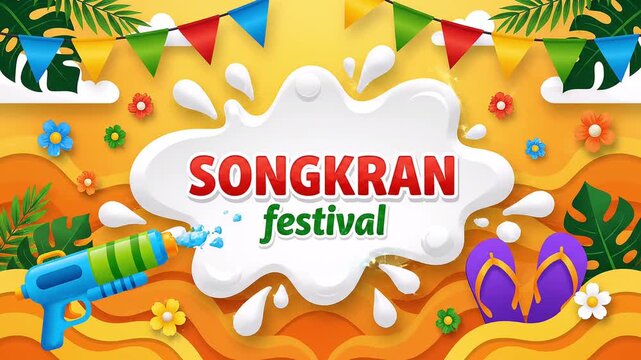 Songkran festival banner with water gun, flip-flops, and floral decorations Thailand celebration
