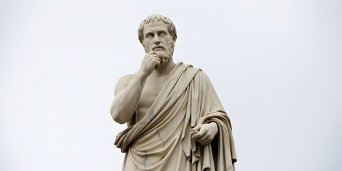 Obraz premium A statue of a philosopher in a contemplative pose against a gray background