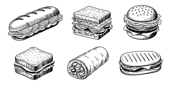 A black and white illustration of various types of sandwiches and burgers
