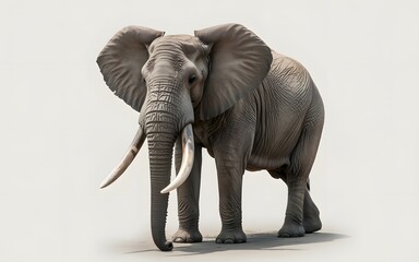 Obraz premium A large gray elephant with tusks standing on a plain white background