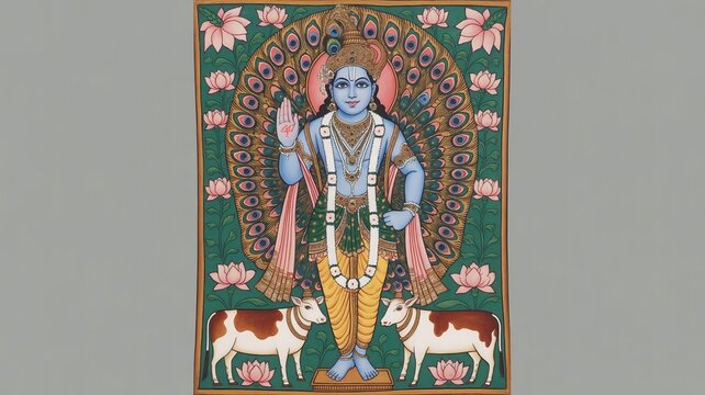 Traditional devotional artwork of Shreenathji in classical Pichwai painting style with ornate jewelry, peacock feather crown, sacred cows and lotus motifs inspired by Rajasthani temple art heritage