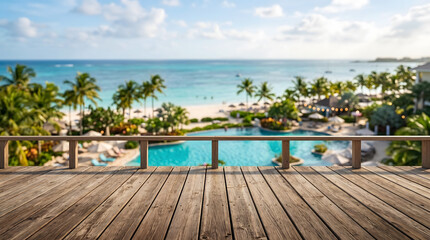 Fototapeta premium Tropical Resort Pool and Beach View From Wooden Deck Overlooking Ocean and Palm Trees
