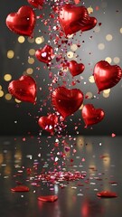 Obraz premium Floating red heart shaped balloons and confetti against a dark background