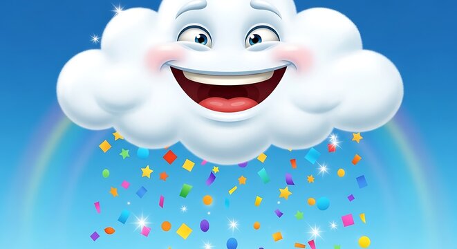 Cartoon cloud smiling with confetti falling against rainbow and blue sky